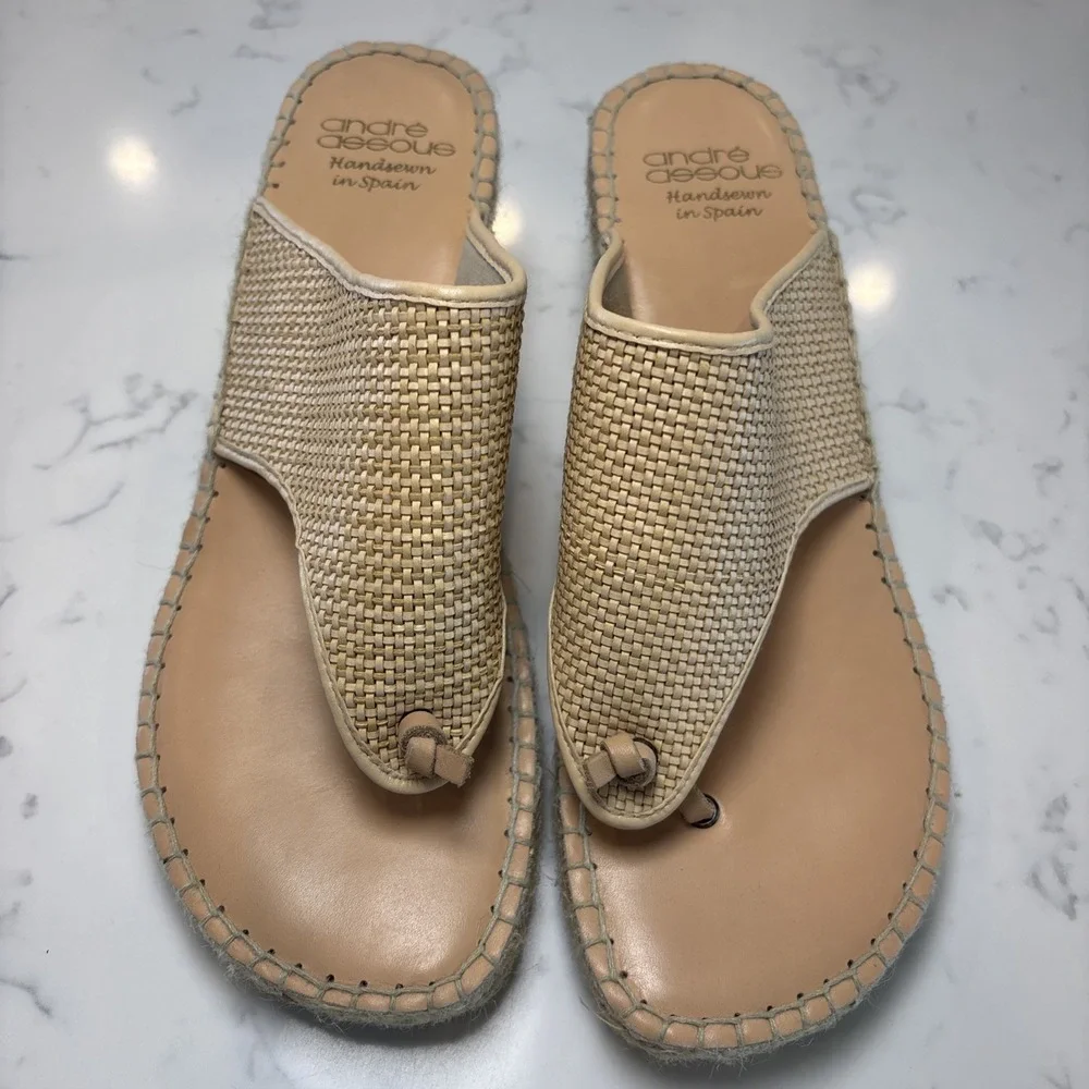 Andre Assous Sandals 41 US 10 ‎ Raffia Leather Thong Espadrille Wedge Spain